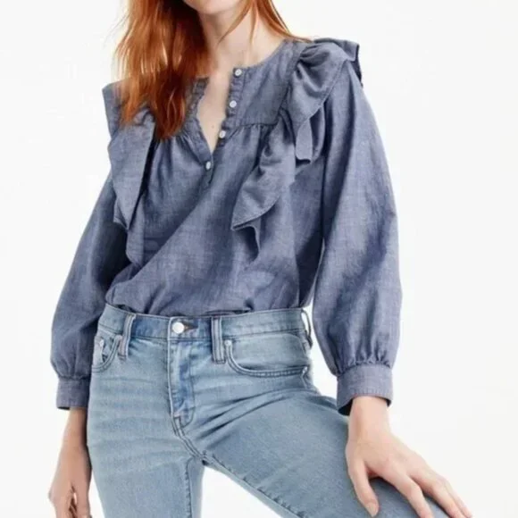 J.Crew Chambray Ruffle Button-Down Blouse - Light Blue - 16 - Picture 1 of 4